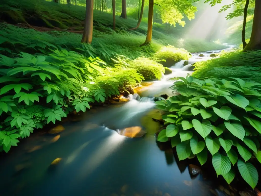 Un hermoso bosque con vegetación exuberante y un arroyo cristalino