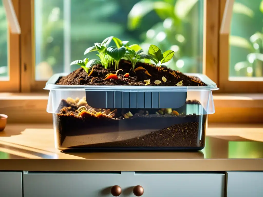 Un hermoso ciclo de vida del compostaje en hogar: compostera llena de desechos orgánicos, lombrices y plantas verdes en la cocina soleada