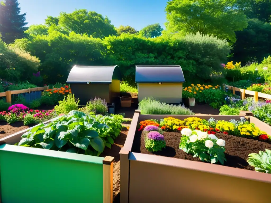 Un hermoso jardín comunitario con composteras organizadas rodeadas de exuberante vegetación y flores coloridas