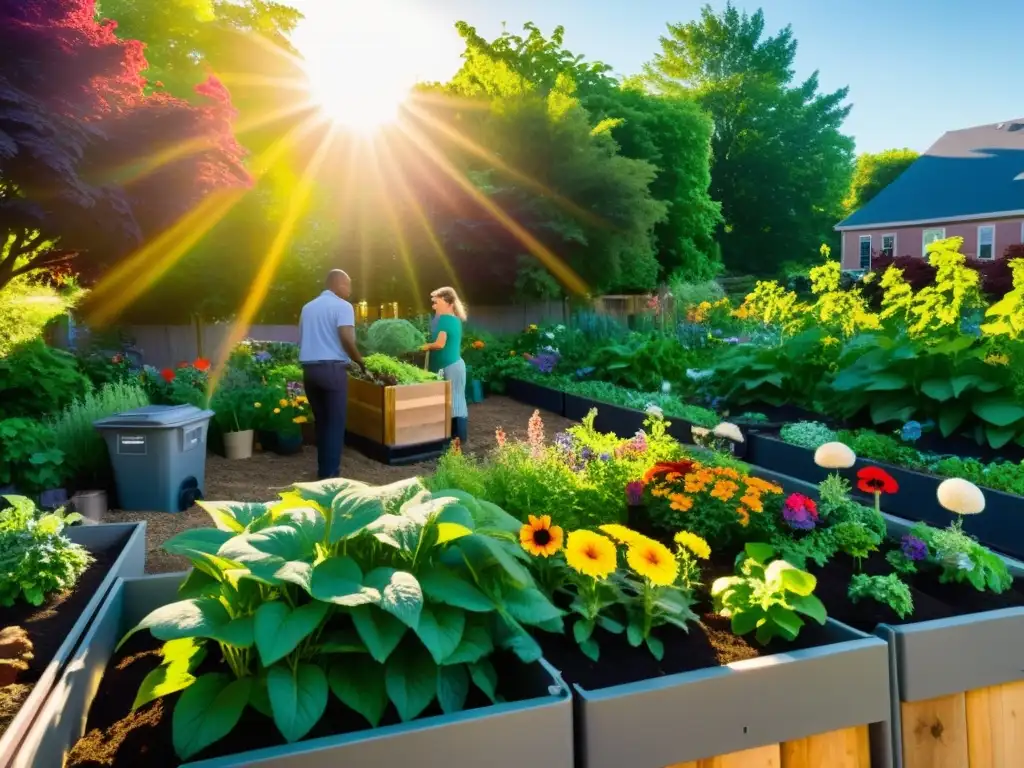 Un hermoso jardín comunitario lleno de plantas verdes y flores coloridas, con un contenedor de compostaje en la esquina