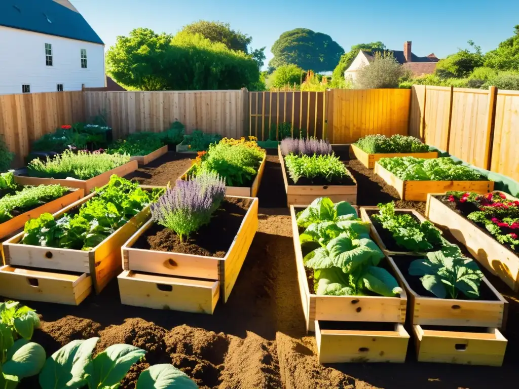 Un hermoso jardín comunitario lleno de vegetales vibrantes y orgánicos, rodeado de composteras ordenadas