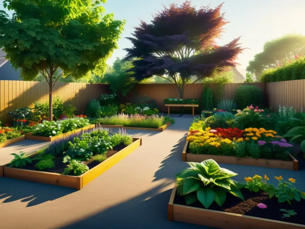 Un hermoso jardín comunitario con plantas exuberantes y flores coloridas, bañado por la luz dorada del sol