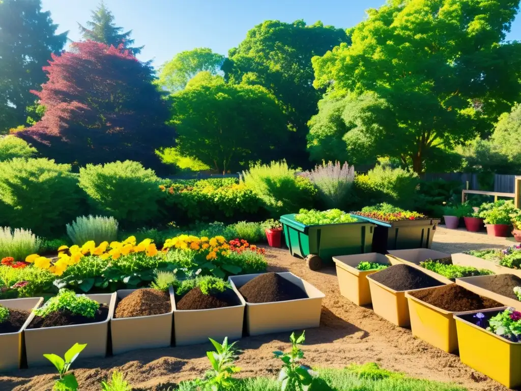 Un hermoso jardín comunitario con vecinos colaborando en iniciativas comunitarias de compostaje, rodeado de exuberante vegetación y flores coloridas