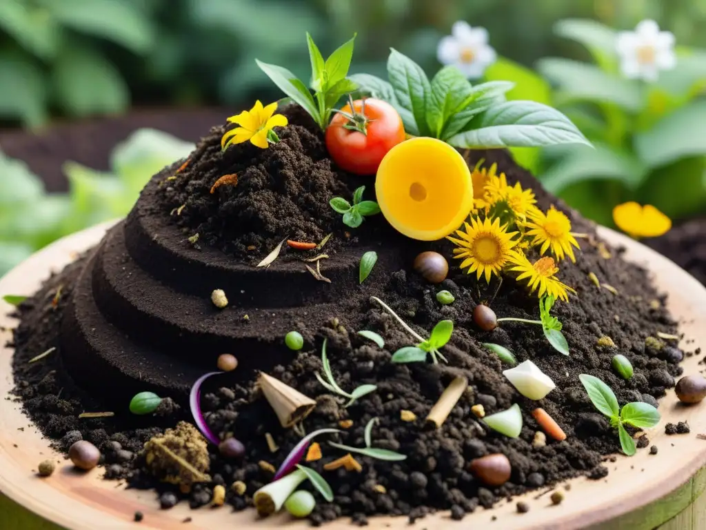 Un hermoso montón de compost en un exuberante jardín, desmontando falsas creencias sobre el reciclaje