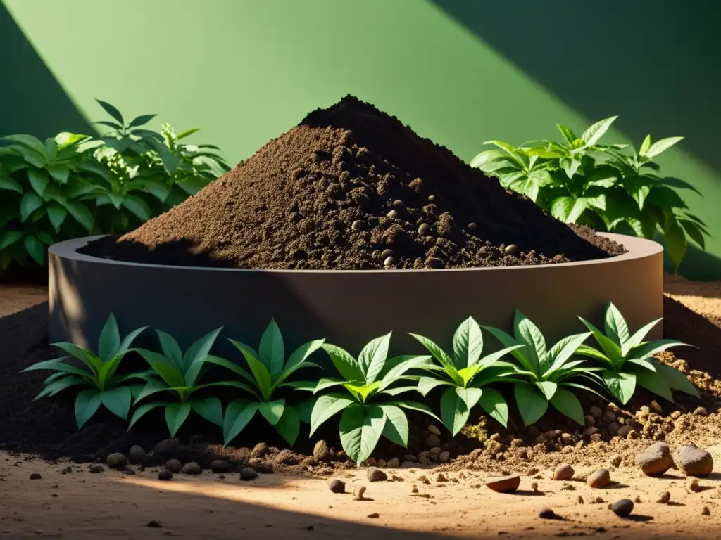 Un hermoso montón de compostaje rodeado de exuberante vegetación, con luz solar filtrándose entre las hojas y creando sombras moteadas