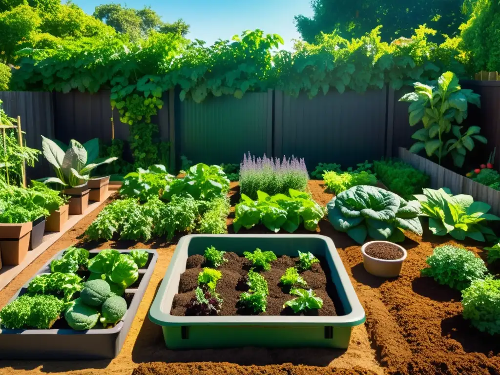 Un hermoso jardín orgánico rebosante de verduras y frutas, resplandeciendo tranquilidad y sostenibilidad con técnicas de compostaje en el hogar