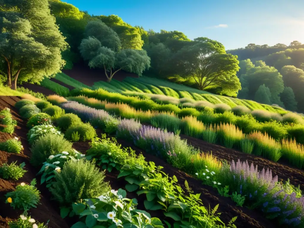 Un hermoso paisaje de colinas verdes con hileras de compostaje para prevenir erosión terrenos, rodeado de flores silvestres y pastos altos