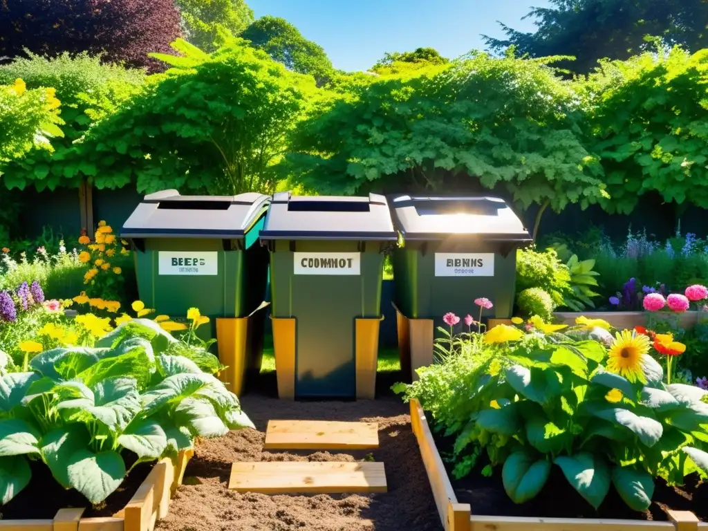 Hermoso jardín con técnicas de compostaje en el hogar, rodeado de flores vibrantes y vegetales prósperos