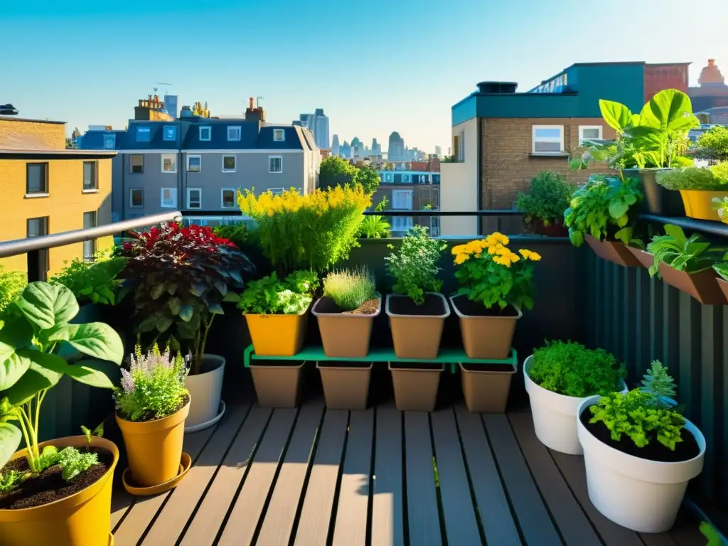 Un hermoso jardín urbano en un balcón, con plantas exuberantes y compostaje urbano en el hogar