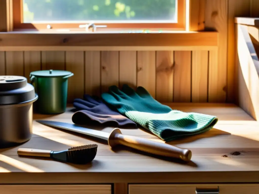 Herramientas de compostaje en casa para un jardín ecológico, dispuestas con armonía en un banco de madera limpia, bañadas por cálida luz natural