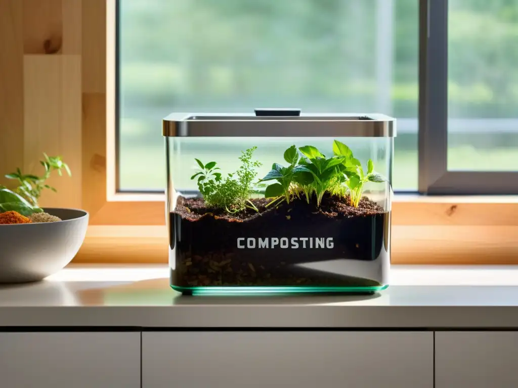 Herramientas digitales para compostaje en casa: Cocina minimalista con compostera y luz natural que realza los colores vibrantes