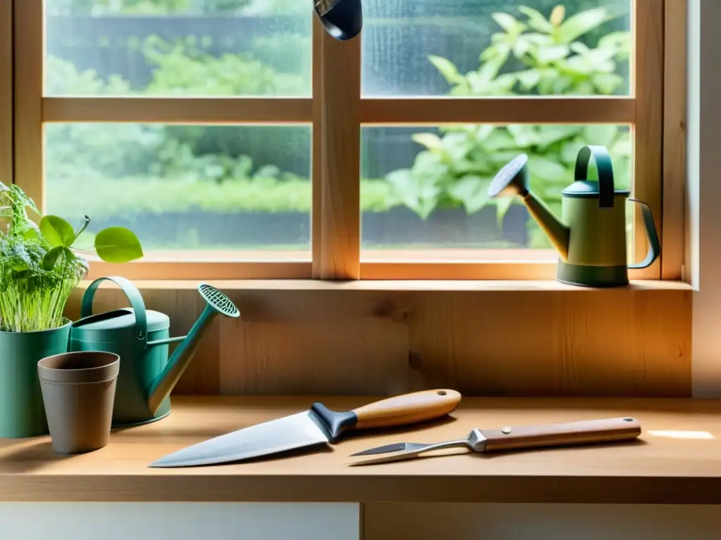 Herramientas de jardinería recicladas en un banco de trabajo de madera, bañadas por luz natural, transmiten tranquilidad y sostenibilidad