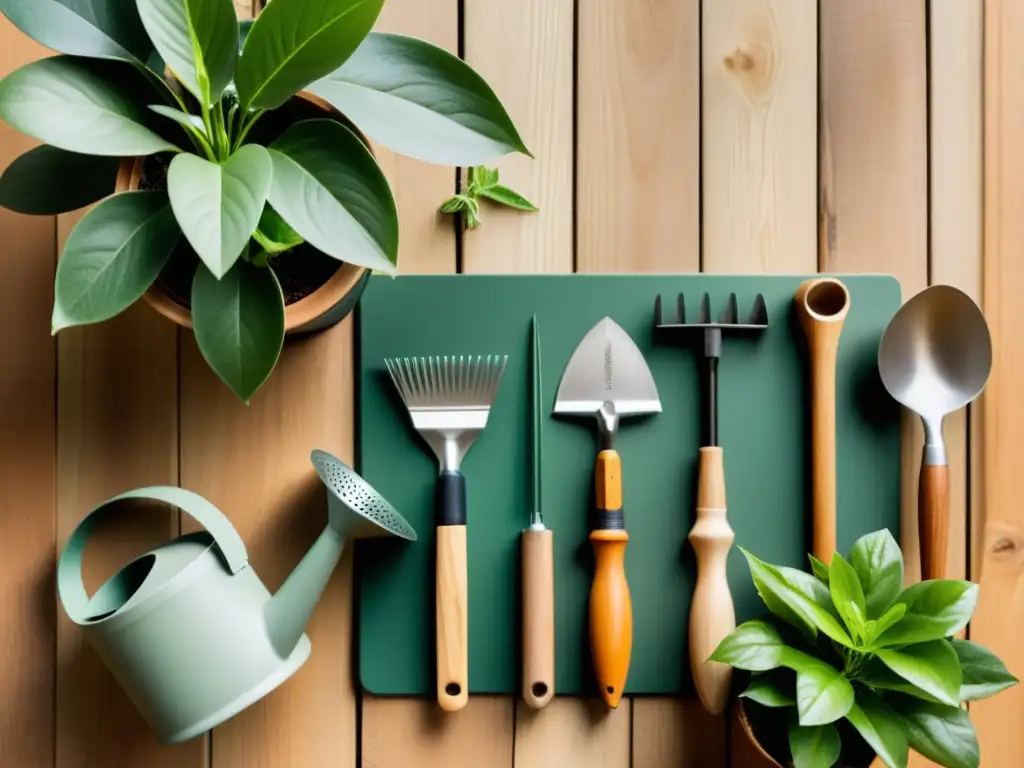 Herramientas de jardinería ecológica en mesa de madera con luz natural y plantas de fondo, hogar sostenible y acogedor