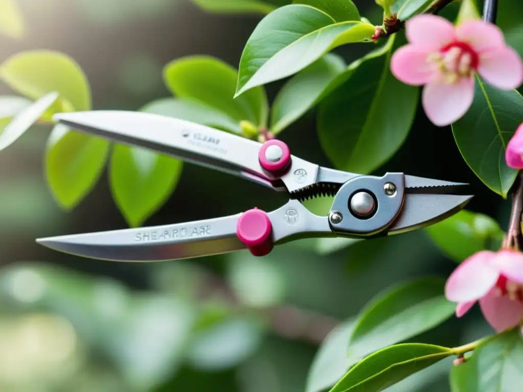 Herramientas de poda responsables para cuidar árboles con precisión y cariño, entre hojas verdes y flores rosadas