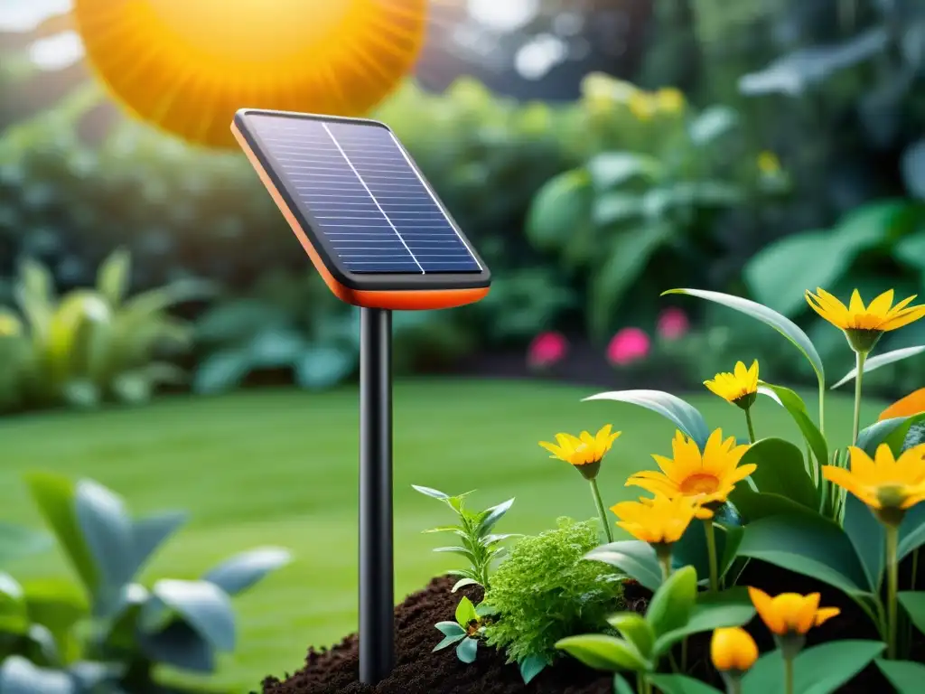 Herramientas solares para jardinería: Imagen detallada de una herramienta con paneles solares en un exuberante jardín