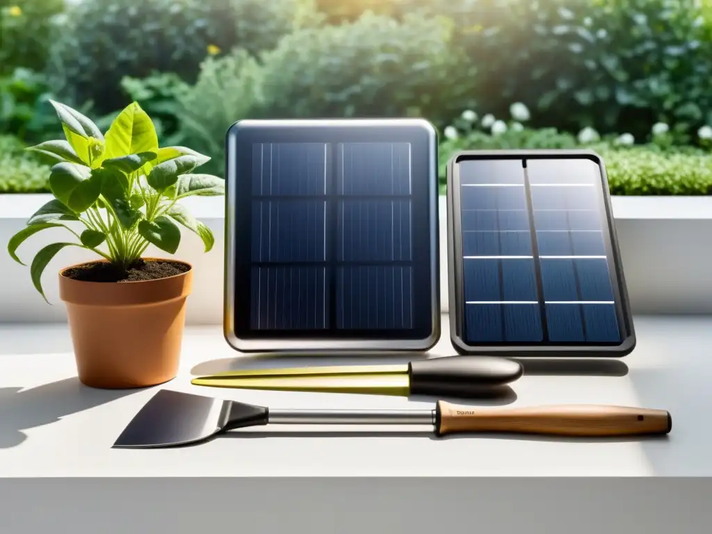 Herramientas solares para jardinería: Set moderno y eficiente con panel solar, diseño ergonómico, sobre fondo blanco iluminado por el sol