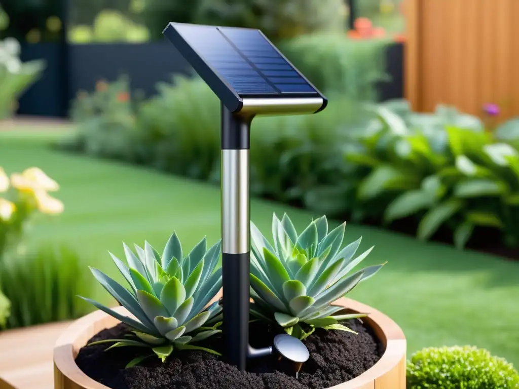 Herramientas solares para jardinería: Moderno set de jardinería solar en un exuberante jardín floreciente