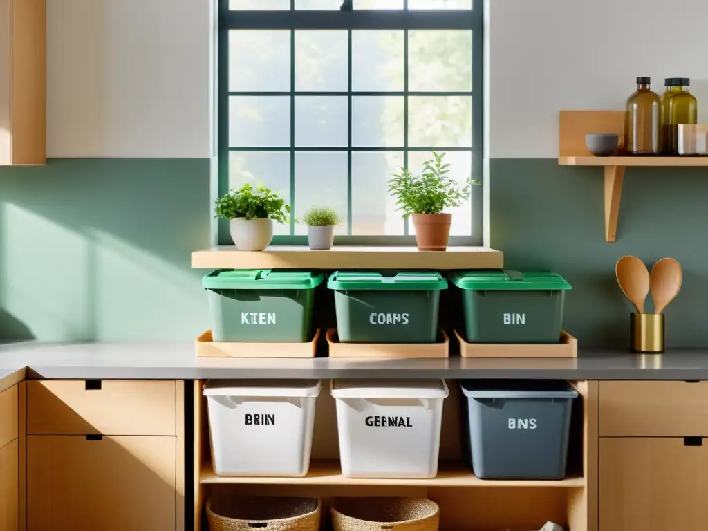 Organización sostenible de residuos en cocina moderna Un hogar armonioso y sostenible