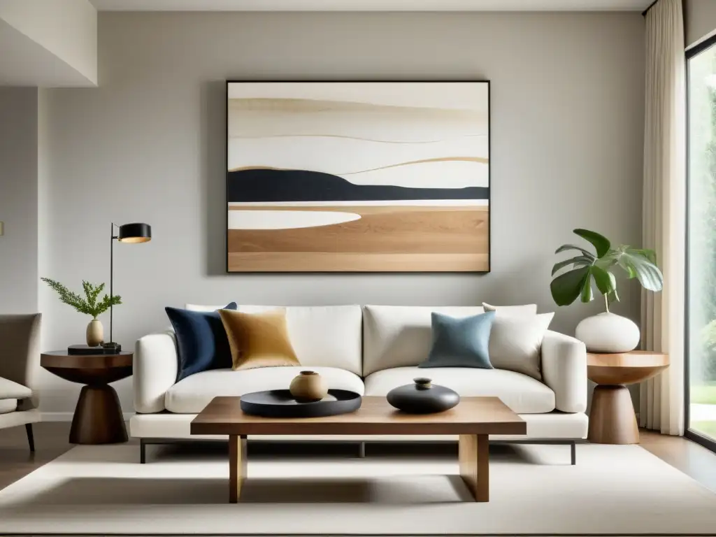 Un hogar minimalista con muebles reciclados y arte moderno en la pared, evocando calma y sencillez