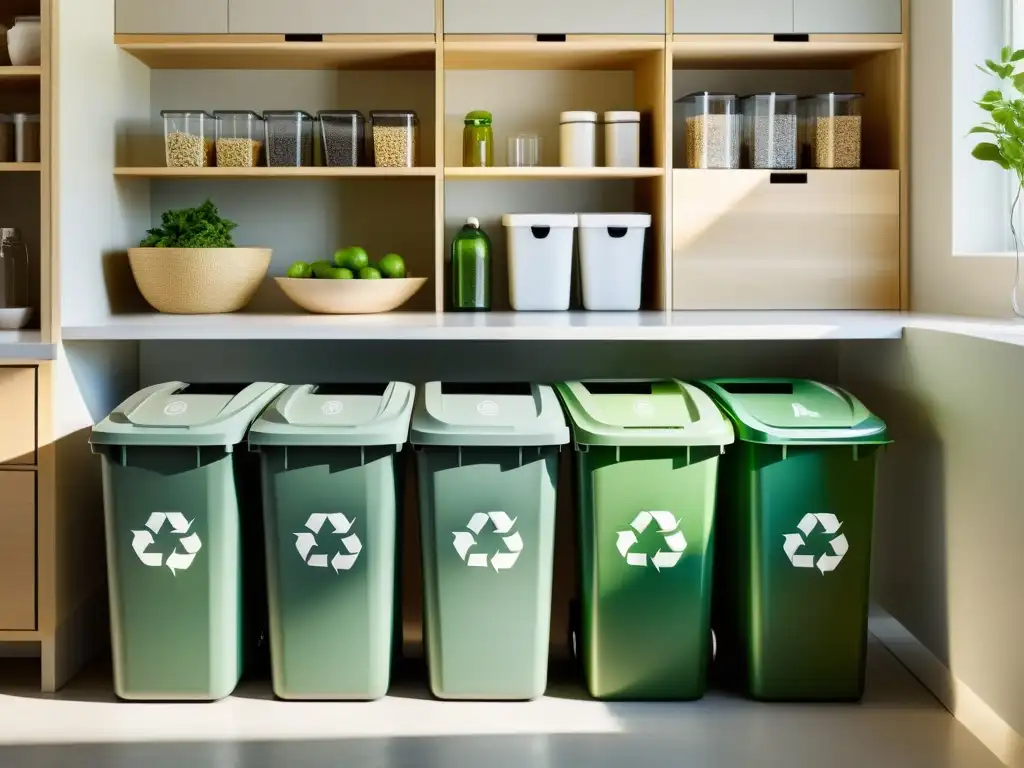 Un hogar moderno con un centro de reciclaje bien organizado, fomentando el manejo efectivo de residuos en el hogar