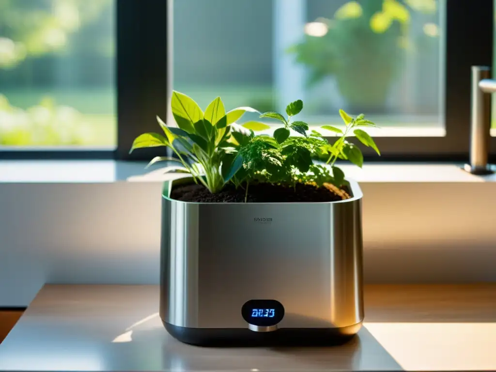 Un hogar moderno con compostaje y plantas, iluminado por la luz de la mañana