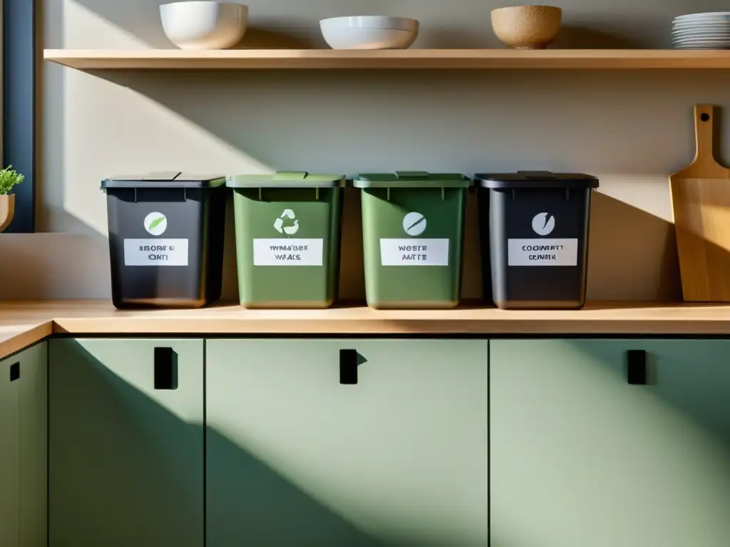 Un hogar ordenado y sostenible con contenedores etiquetados para reciclaje, compost y residuos