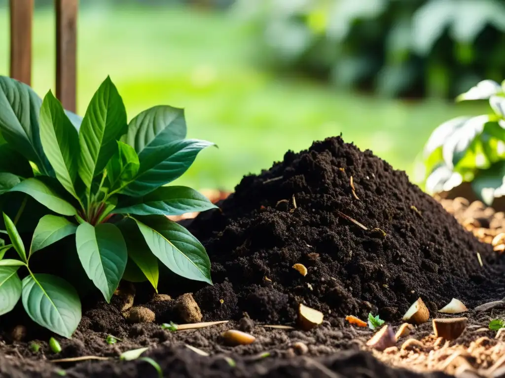 Un hogar para semillas orgánicas: un compostaje bien cuidado en un jardín, rodeado de plantas exuberantes y bañado por la luz del sol