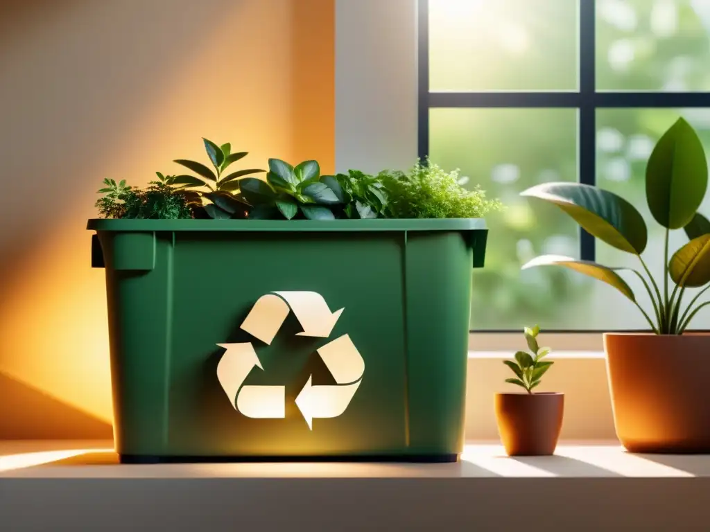 Un hogar sereno con materiales reciclables ordenados en un contenedor, iluminado por la luz solar