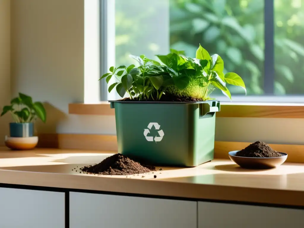 Un hogar sereno y sostenible con un compostador lleno de restos de comida y una planta floreciente