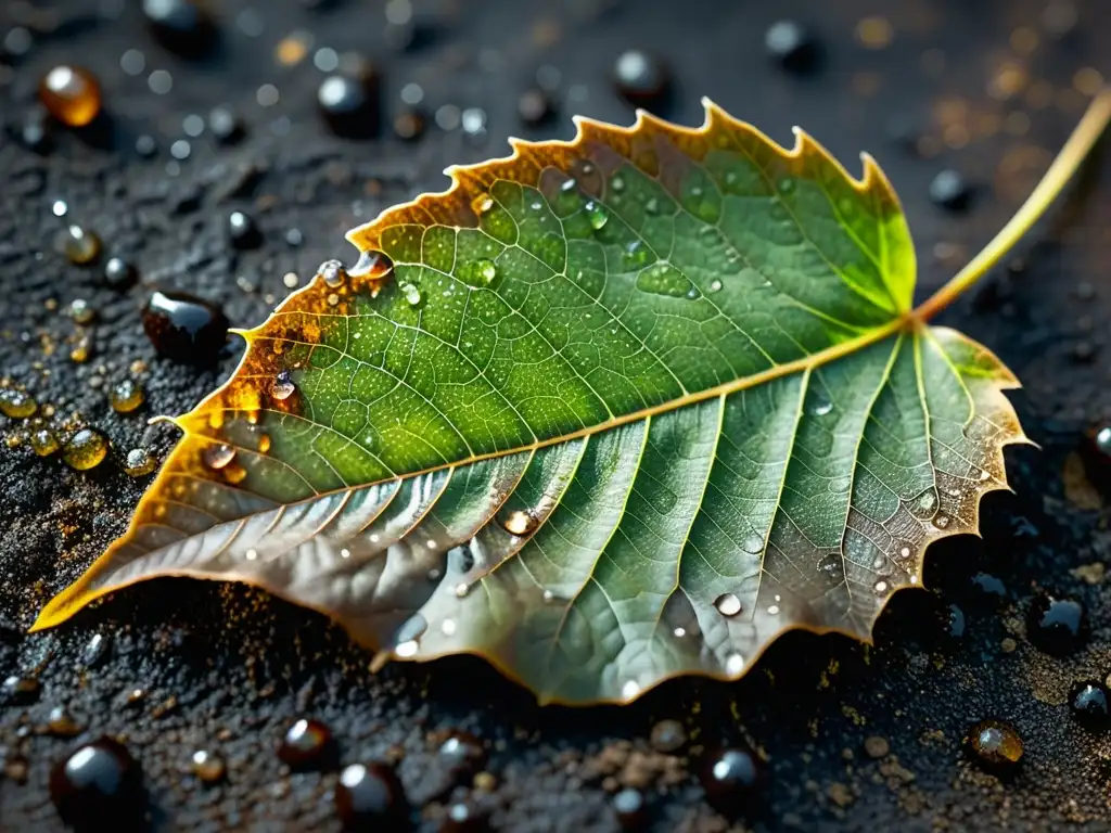 Una hoja en descomposición descansa sobre tierra húmeda, con diminutas gotas de agua brillando en su superficie