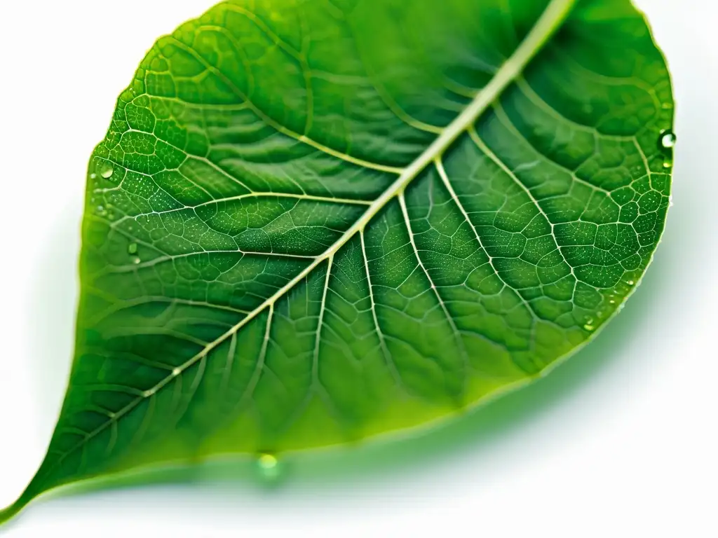 Una hoja verde con delicadas venas y una gota de rocío