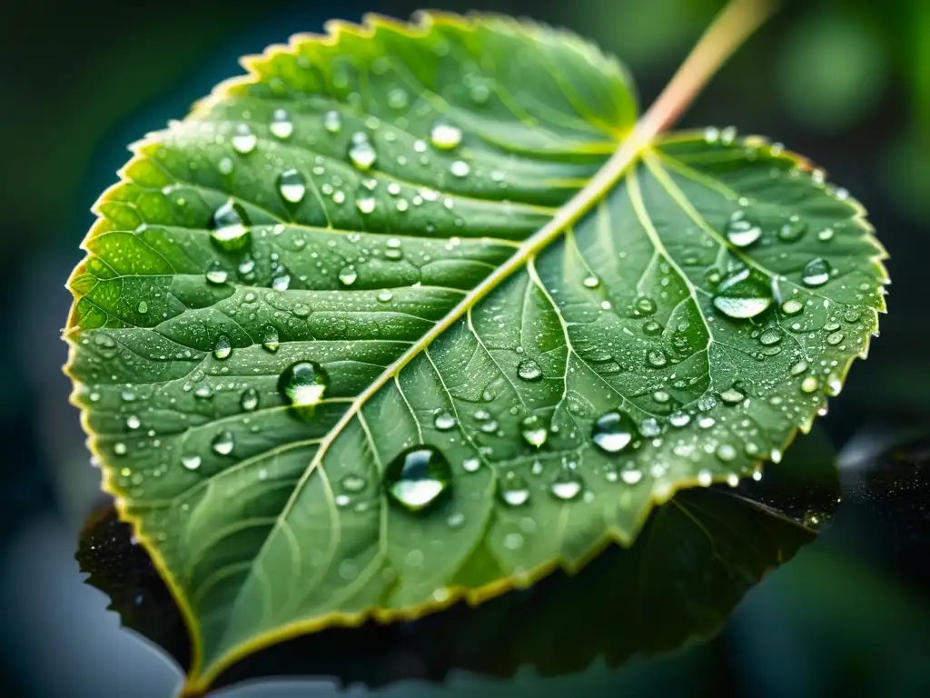 Una hoja verde con gotas de agua brillantes, texturas detalladas y venas visibles