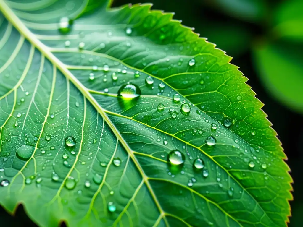 Una hoja verde vibrante con delicadas gotas de agua, iluminada por luz natural