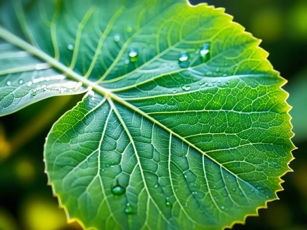 Hoja verde brillante con gotas de rocío: naturaleza serena Una hoja verde vibrante con detalles intrincados y rocío
