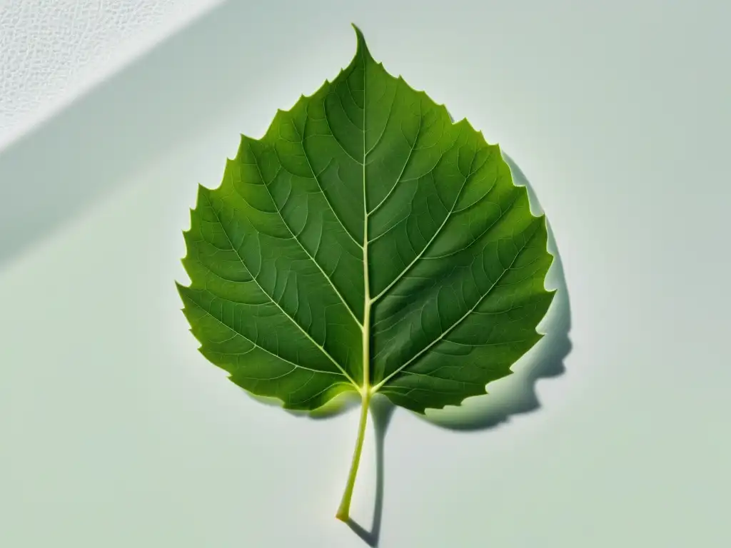 Una hoja verde vibrante descansa sobre una superficie blanca, iluminada suavemente