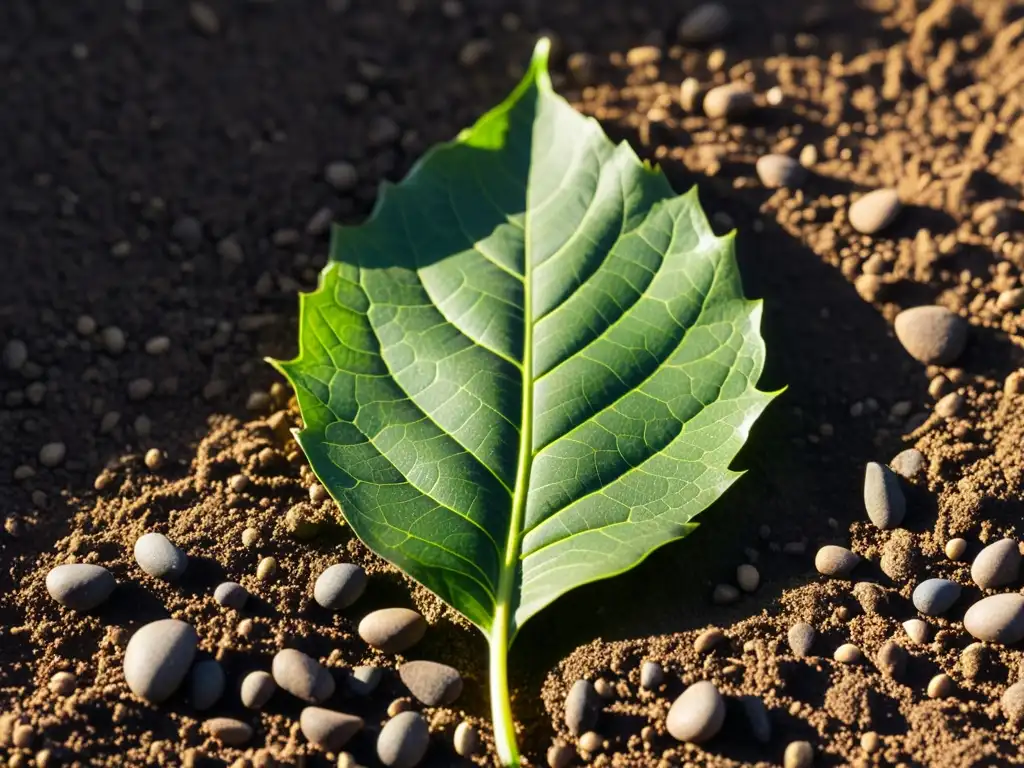 Una hoja verde vibrante descansa sobre tierra fértil, con luz suave filtrándose entre las hojas