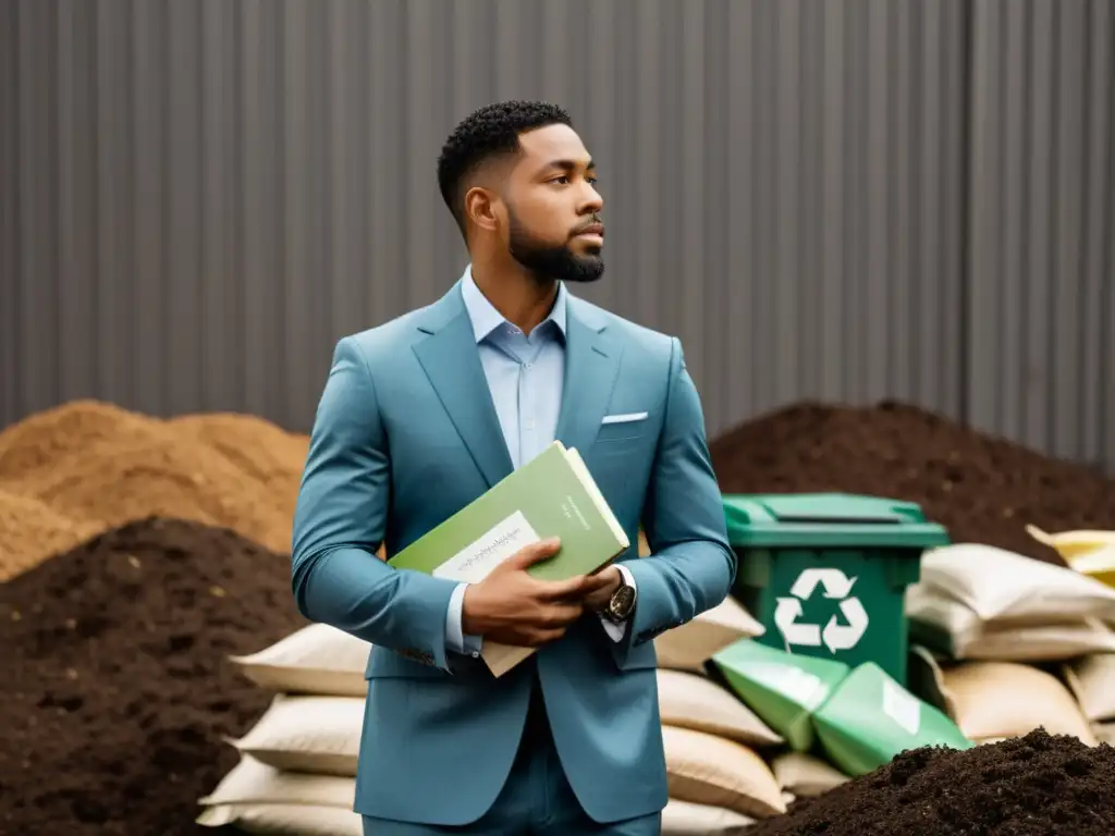 Un hombre en traje observa pensativo libros sobre reciclaje y compostaje frente a contenedores