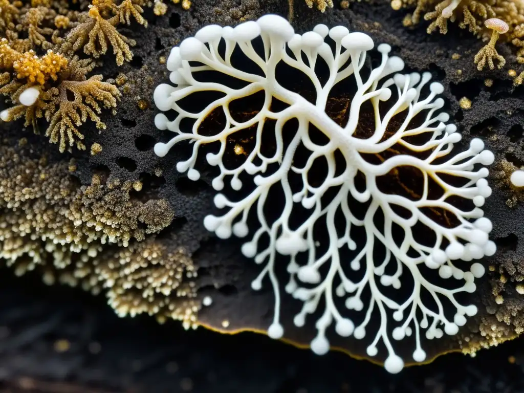 Hongos en el compostaje doméstico: detallada imagen de micelio fúngico enriqueciendo el compost oscuro con filamentos blancos y humedad