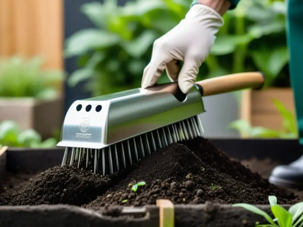 Una horca para airear compost eficiente de acero inoxidable con mango de madera, en manos de un jardinero