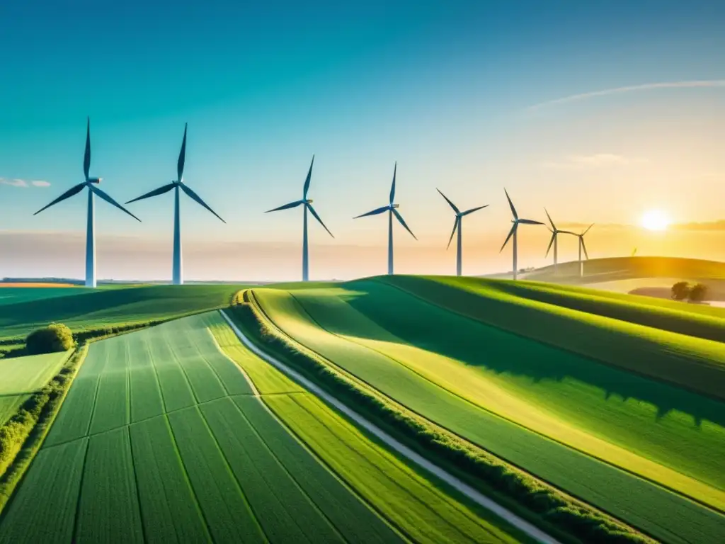 Horizonte de energía limpia y oportunidad con molinos de viento modernos y campos verdes bajo un amanecer radiante