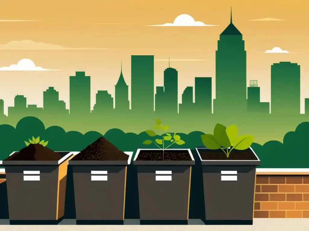 Horizonte urbano sostenible: compostaje en la ciudad Horizonte urbano con compostaje en casa: contenedores en terrazas y balcones, naturaleza y ciudad en armonía