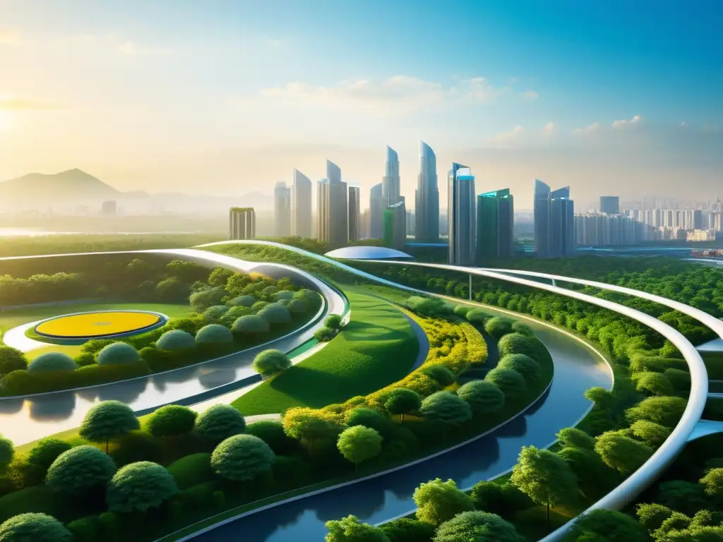 Horizonte urbano futurista con franquicias de reciclaje sostenible integradas en el paisaje, tecnología avanzada y vegetación exuberante