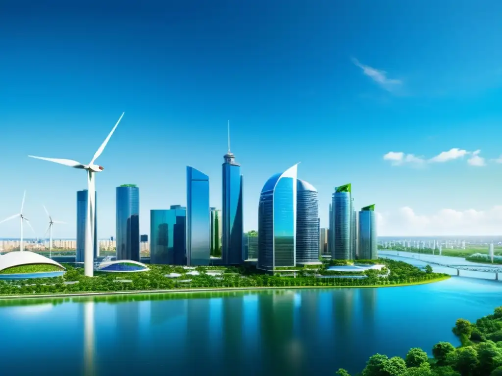 Un horizonte urbano moderno con edificios ecológicos integrados con vegetación y tecnologías verdes para invertir, rodeado de cielos azules y agua