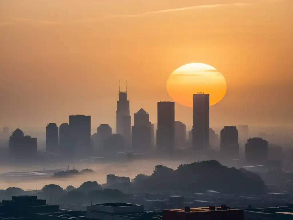 Horizonte urbano con smog, el sol poniéndose en un cielo anaranjado