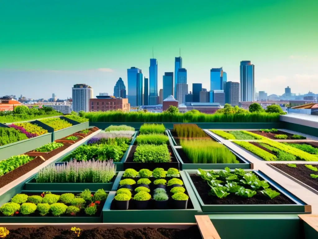 Horizonte urbano con techos verdes y jardines, reflejando normativas locales compostaje residuos orgánicos, promoviendo sostenibilidad en la ciudad