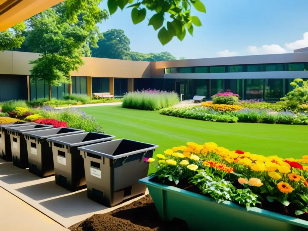 Un jardín hospitalario sereno con composteras organizadas, rodeado de exuberante vegetación y flores coloridas