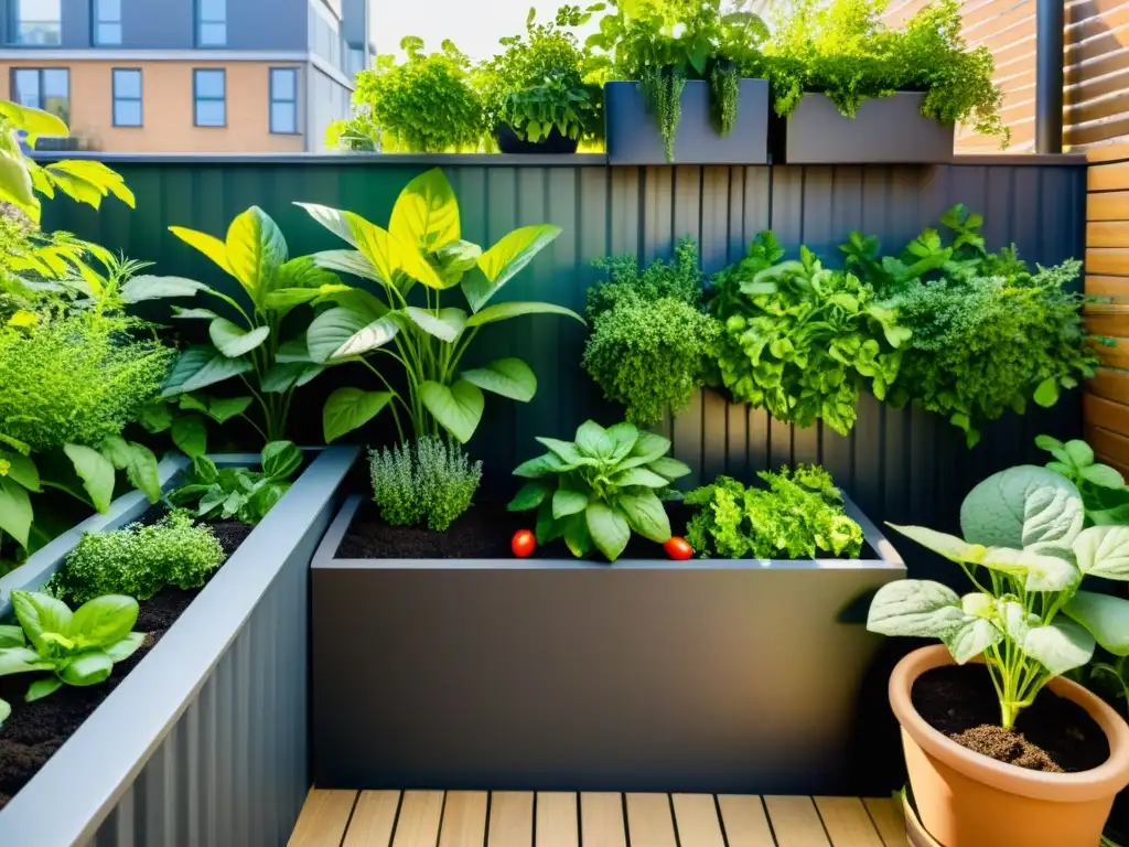 Un huerto urbano exuberante y vibrante con plantas en macetas ordenadas, bañadas por el sol