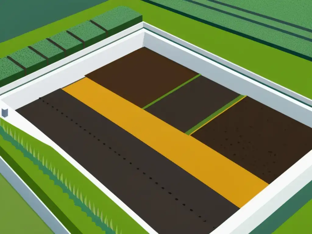 Una ilustración minimalista de una amplia instalación de compostaje industrial rodeada de vegetación, representando eficiencia y sostenibilidad