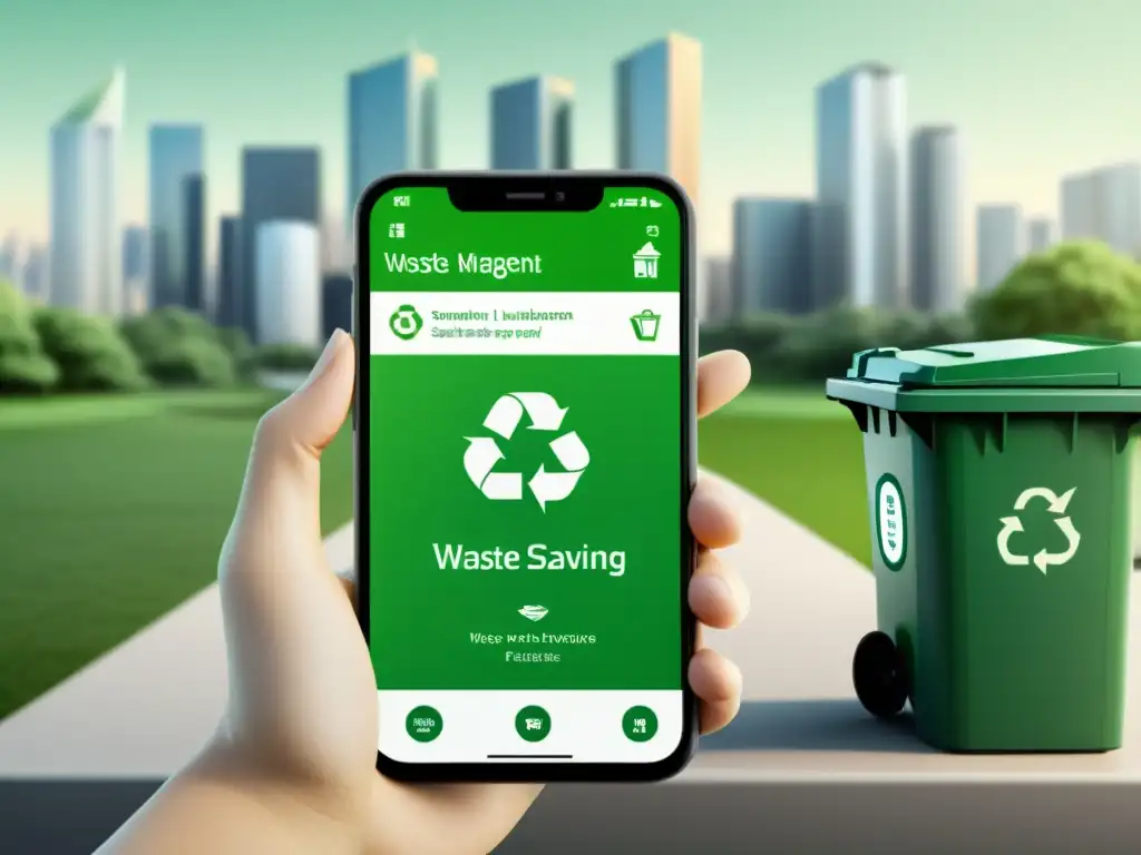Una ilustración minimalista de una app de gestión de residuos en un smartphone, con funciones de reciclaje y ahorro