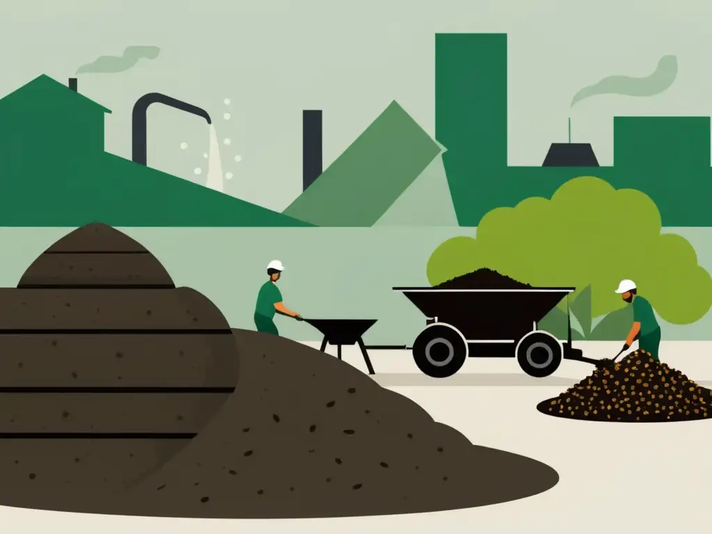 Una ilustración minimalista de una bulliciosa instalación de compostaje urbano, con trabajadores clasificando materiales orgánicos y grandes montones de compost humeante al fondo